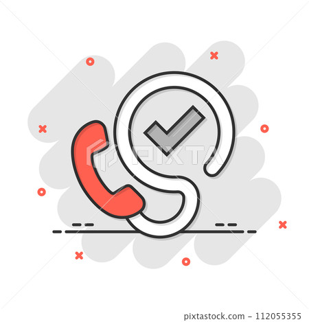 Phone check mark icon in comic style. Smartphone approval cartoon vector illustration on white isolated background. Confirm splash effect business concept. 112055355