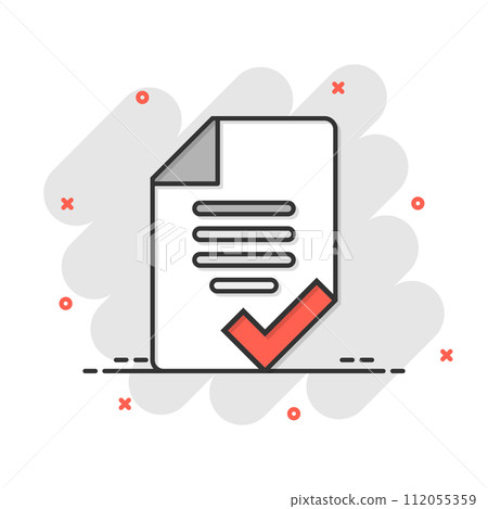 Document checklist icon in comic style. Report cartoon vector illustration on white isolated background. Paper sheet splash effect business concept. 112055359