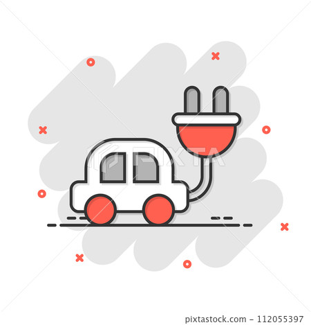 Electric car icon in comic style. Electro auto cartoon vector illustration on white isolated background. Ecology transport splash effect business concept. Electric car icon in comic style. Electro auto cartoon vector illustration on white isolated background. Ecology transport splash effect business concept. 112055397