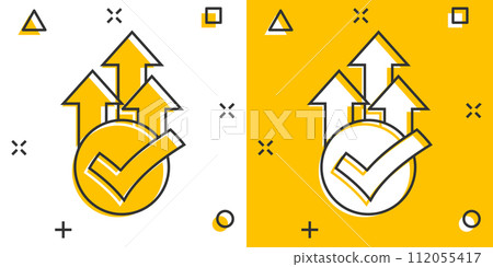 Growth arrow check icon in comic style. Revenue approval cartoon vector illustration on white isolated background. Increase ok splash effect business concept. Growth arrow check icon in comic style. Revenue approval cartoon vector illustration on white isolated background. Increase ok splash effect business concept. 112055417