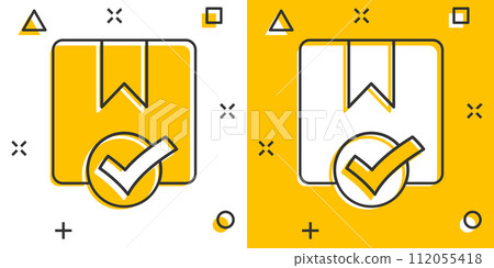 Shipping box check icon in comic style. Container approve cartoon vector illustration on white isolated background. Cardboard package splash effect business concept. 112055418