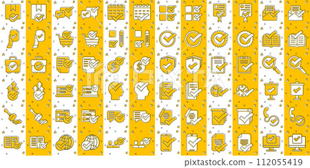 Approve icon set in comic style. Check mark cartoon vector illustration on white isolated background. Tick accepted splash effect business concept. 112055419