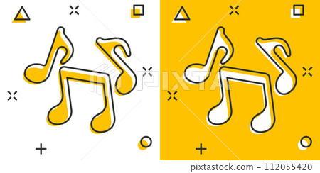 Music note icon in comic style. Song cartoon vector illustration on white isolated background. Musician splash effect sign business concept. 112055420