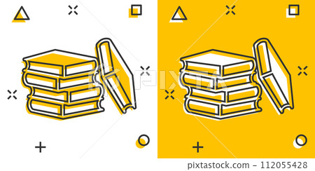 Book library icon in comic style. Encyclopedia cartoon vector illustration on white isolated background. Dictionary splash effect sign business concept. Book library icon in comic style. Encyclopedia cartoon vector illustration on white isolated background. Dictionary splash effect sign business concept. 112055428