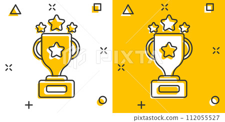 Trophy cup icon in comic style. Goblet prize cartoon vector illustration on isolated background. Award splash effect sign business concept. 112055527