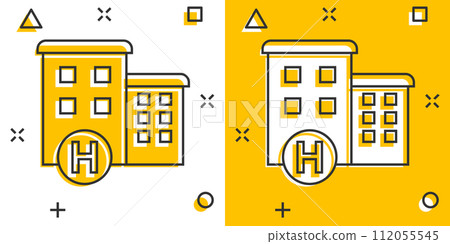 Hospital building icon in comic style. Medical clinic cartoon vector illustration on isolated background. Medicine splash effect sign business concept. 112055545