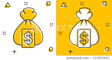 Money bag icon in comic style. Moneybag cartoon vector illustration on isolated background. Coin sack splash effect sign business concept. Money bag icon in comic style. Moneybag cartoon vector illustration on isolated background. Coin sack splash effect sign business concept. 112055643