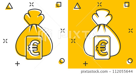Money bag icon in comic style. Moneybag cartoon vector illustration on isolated background. Coin sack splash effect sign business concept. Money bag icon in comic style. Moneybag cartoon vector illustration on isolated background. Coin sack splash effect sign business concept. 112055644