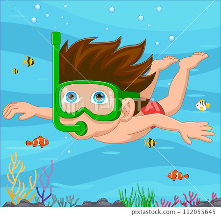 Cartoon little boy diving in underwater sea 112055645