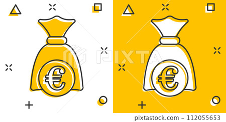 Money bag icon in comic style. Moneybag cartoon vector illustration on isolated background. Coin sack splash effect sign business concept. Money bag icon in comic style. Moneybag cartoon vector illustration on isolated background. Coin sack splash effect sign business concept. 112055653