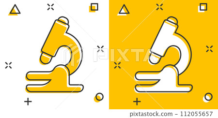 Microscope icon in comic style. Laboratory magnifier cartoon vector illustration on isolated background. Biology instrument splash effect sign business concept. Microscope icon in comic style. Laboratory magnifier cartoon vector illustration on isolated background. Biology instrument splash effect sign business concept. 112055657