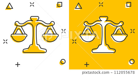 Scales icon in comic style. Libra cartoon vector illustration on isolated background. Mass comparison splash effect sign business concept. 112055678