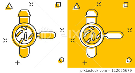 Blood test tube icon in comic style. Hematology cartoon vector illustration on isolated background. Laboratory flask splash effect sign business concept. Blood test tube icon in comic style. Hematology cartoon vector illustration on isolated background. Laboratory flask splash effect sign business concept. 112055679