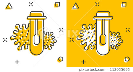 Coronavirus test icon in comic style. covid-19 cartoon vector illustration on isolated background. Medical diagnostic splash effect sign business concept. 112055695