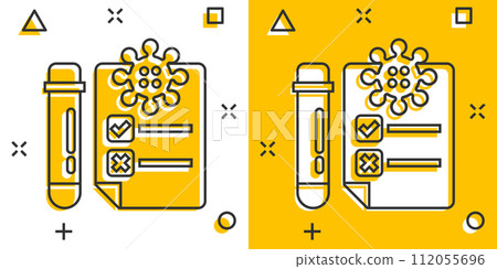 Coronavirus test icon in comic style. covid-19 cartoon vector illustration on isolated background. Medical diagnostic splash effect sign business concept. Coronavirus test icon in comic style. covid-19 cartoon vector illustration on isolated background. Medical diagnostic splash effect sign business concept. 112055696