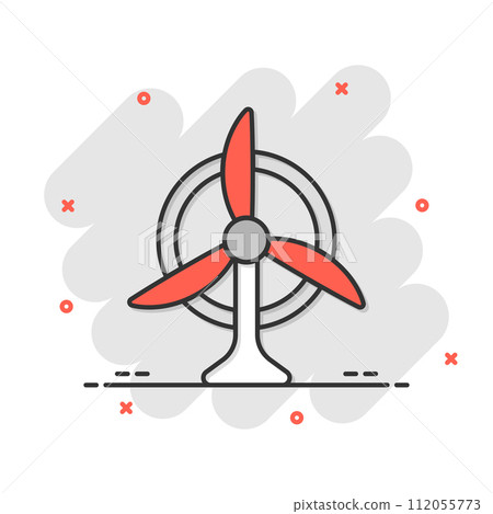 Wind power plant icon in comic style. Turbine cartoon vector illustration on white isolated background. Air energy splash effect sign business concept. Wind power plant icon in comic style. Turbine cartoon vector illustration on white isolated background. Air energy splash effect sign business concept. 112055773