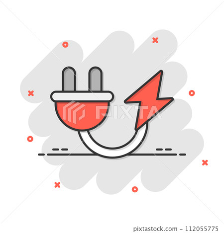Electric plug icon in comic style. Power adapter cartoon vector illustration on white isolated background. Electrician splash effect sign business concept. Electric plug icon in comic style. Power adapter cartoon vector illustration on white isolated background. Electrician splash effect sign business concept. 112055775