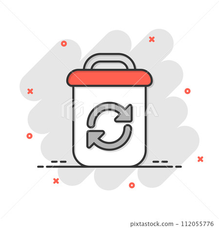 Garbage bin icon in comic style. Recycle cartoon vector illustration on white isolated background. Trash basket splash effect sign business concept. Garbage bin icon in comic style. Recycle cartoon vector illustration on white isolated background. Trash basket splash effect sign business concept. 112055776