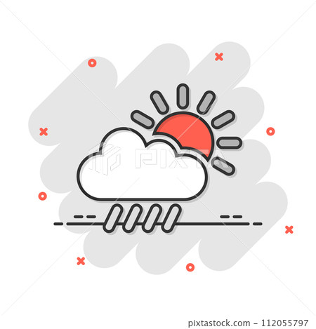 Weather icon in comic style. Sun, cloud and rain cartoon vector illustration on white isolated background. Meteorology splash effect sign business concept. 112055797