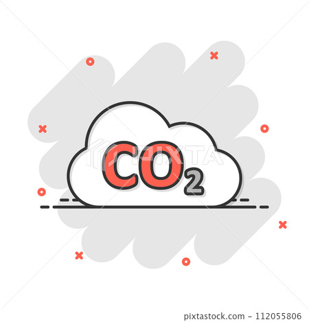 Co2 emission icon in comic style. Cloud disaster cartoon vector illustration on white isolated background. Environment splash effect sign business concept. Co2 emission icon in comic style. Cloud disaster cartoon vector illustration on white isolated background. Environment splash effect sign business concept. 112055806