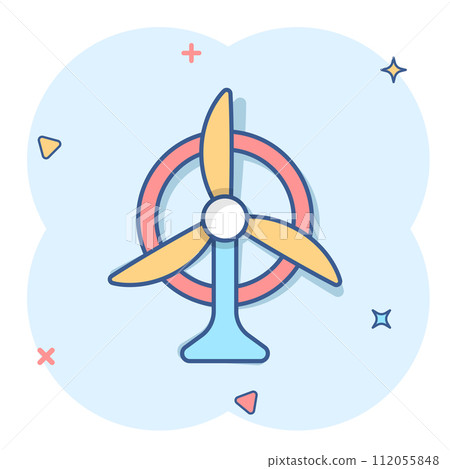 Wind power plant icon in comic style. Turbine cartoon vector illustration on white isolated background. Air energy splash effect sign business concept. 112055848