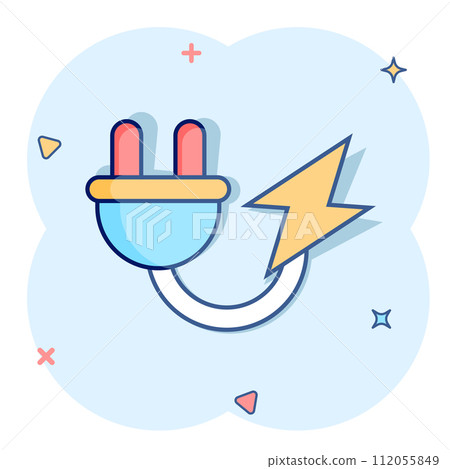 Electric plug icon in comic style. Power adapter cartoon vector illustration on white isolated background. Electrician splash effect sign business concept. Electric plug icon in comic style. Power adapter cartoon vector illustration on white isolated background. Electrician splash effect sign business concept. 112055849