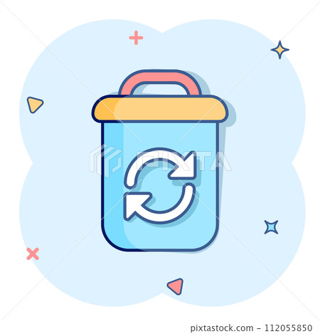 Garbage bin icon in comic style. Recycle cartoon vector illustration on white isolated background. Trash basket splash effect sign business concept. Garbage bin icon in comic style. Recycle cartoon vector illustration on white isolated background. Trash basket splash effect sign business concept. 112055850