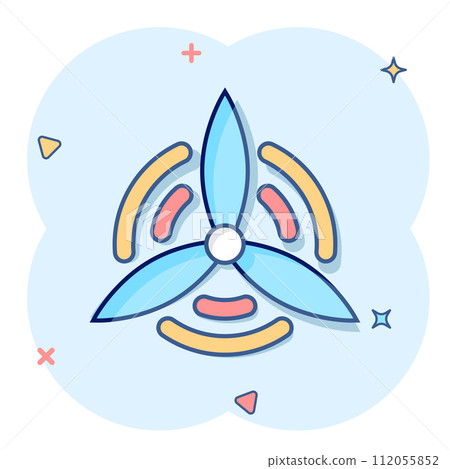 Wind power plant icon in comic style. Turbine cartoon vector illustration on white isolated background. Air energy splash effect sign business concept. 112055852