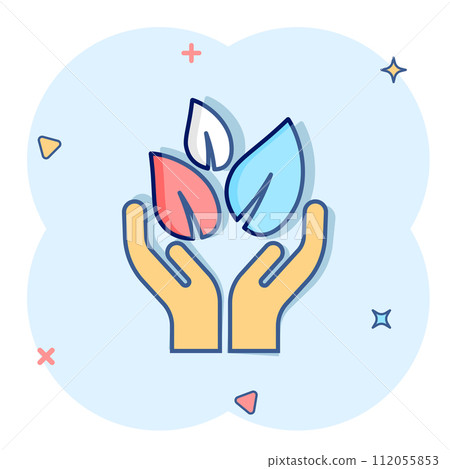 Hand with plant icon in comic style. Flower sprout cartoon vector illustration on white isolated background. Environmental protection splash effect sign business concept. Hand with plant icon in comic style. Flower sprout cartoon vector illustration on white isolated background. Environmental protection splash effect sign business concept. 112055853