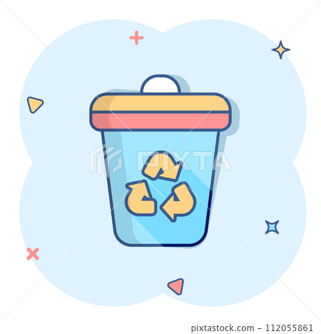Garbage bin icon in comic style. Recycle cartoon vector illustration on white isolated background. Trash basket splash effect sign business concept. 112055861