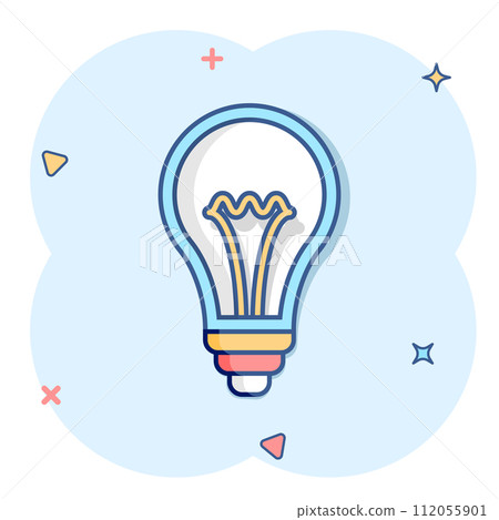 Light bulb icon in comic style. Lightbulb cartoon vector illustration on white isolated background. Energy lamp splash effect sign business concept. Light bulb icon in comic style. Lightbulb cartoon vector illustration on white isolated background. Energy lamp splash effect sign business concept. 112055901