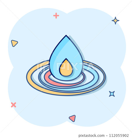 Water drop icon in comic style. Liquid cartoon vector illustration on white isolated background. Droplet splash effect business concept. Water drop icon in comic style. Liquid cartoon vector illustration on white isolated background. Droplet splash effect business concept. 112055902