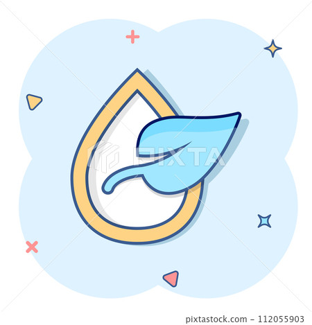 Natural drop water icon in comic style. Liquid cartoon vector illustration on white isolated background. Droplet splash effect business concept. Natural drop water icon in comic style. Liquid cartoon vector illustration on white isolated background. Droplet splash effect business concept. 112055903