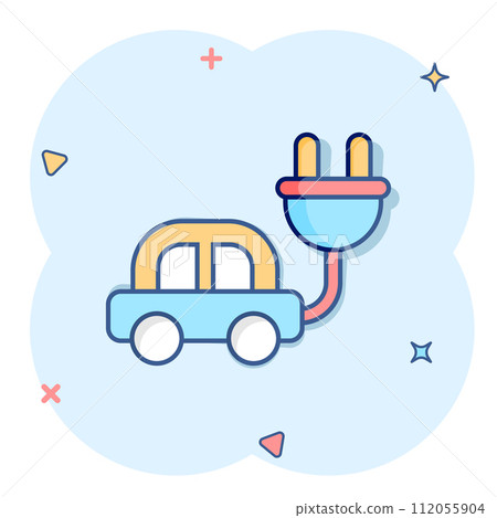 Electric car icon in comic style. Electro auto cartoon vector illustration on white isolated background. Ecology transport splash effect business concept. Electric car icon in comic style. Electro auto cartoon vector illustration on white isolated background. Ecology transport splash effect business concept. 112055904