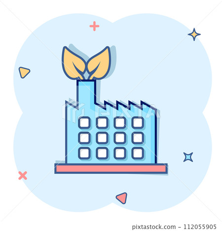 Factory ecology icon in comic style. Eco plant cartoon vector illustration on white isolated background. Nature industry splash effect business concept. Factory ecology icon in comic style. Eco plant cartoon vector illustration on white isolated background. Nature industry splash effect business concept. 112055905