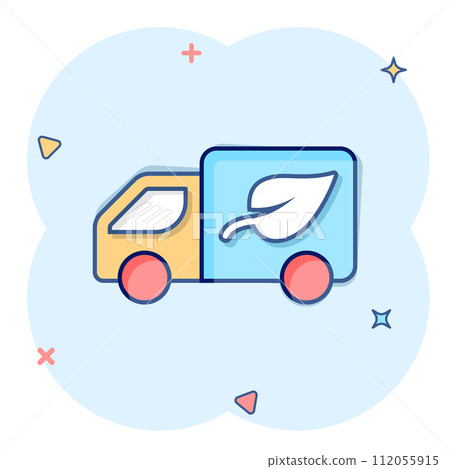 Eco truck icon in comic style. Ecology shipping cartoon vector illustration on white isolated background. Van and leaf splash effect sign business concept. Eco truck icon in comic style. Ecology shipping cartoon vector illustration on white isolated background. Van and leaf splash effect sign business concept. 112055915
