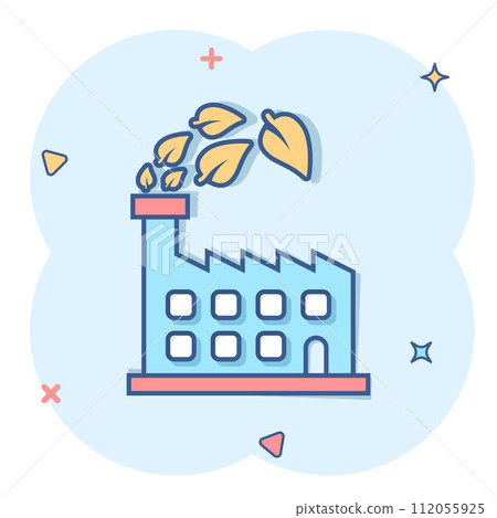 Factory ecology icon in comic style. Eco plant cartoon vector illustration on white isolated background. Nature industry splash effect business concept. 112055925