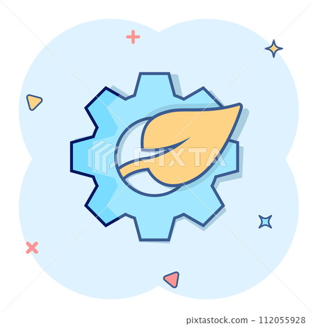 Leaf and gear icon in comic style. Cog with plant cartoon vector illustration on white isolated background. Eco machine splash effect sign business concept. Leaf and gear icon in comic style. Cog with plant cartoon vector illustration on white isolated background. Eco machine splash effect sign business concept. 112055928