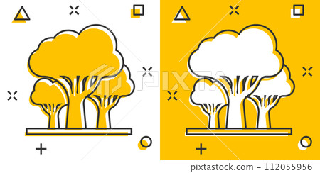 Tree icon in comic style. Forest cartoon vector illustration on white isolated background. Plant splash effect sign business concept. Tree icon in comic style. Forest cartoon vector illustration on white isolated background. Plant splash effect sign business concept. 112055956