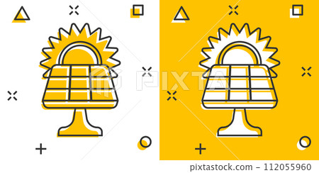 Solar panel icon in comic style. Ecology energy cartoon vector illustration on white isolated background. Electrician splash effect sign business concept. Solar panel icon in comic style. Ecology energy cartoon vector illustration on white isolated background. Electrician splash effect sign business concept. 112055960