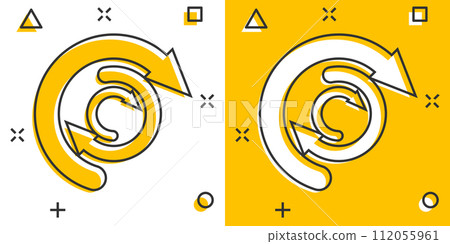 Arrow cycle icon in comic style. Recycle eco cartoon vector illustration on white isolated background. Balance splash effect business concept. 112055961