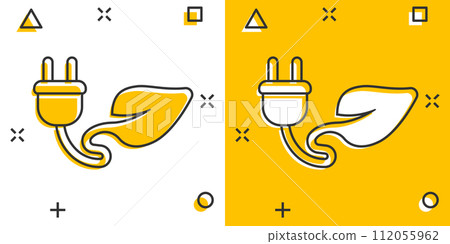 Eco power icon in comic style. Green energy cartoon vector illustration on white isolated background. Nature cable splash effect business concept. Eco power icon in comic style. Green energy cartoon vector illustration on white isolated background. Nature cable splash effect business concept. 112055962