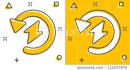 Energy recharge icon in comic style. Voltage and arrow cartoon vector illustration on white isolated background. Electric splash effect sign business concept. 112055970