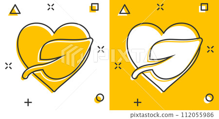 Heart and leaf icon in comic style. Vegan friendly cartoon vector illustration on white isolated background. Nature love splash effect sign business concept. Heart and leaf icon in comic style. Vegan friendly cartoon vector illustration on white isolated background. Nature love splash effect sign business concept. 112055986