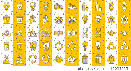 Eco environment icons set in comic style. Ecology cartoon vector illustration on white isolated background. Bio emblem splash effect sign business concept. Eco environment icons set in comic style. Ecology cartoon vector illustration on white isolated background. Bio emblem splash effect sign business concept. 112055995