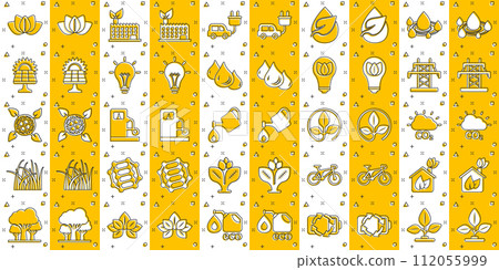 Eco environment icons set in comic style. Ecology cartoon vector illustration on white isolated background. Bio emblem splash effect sign business concept. 112055999