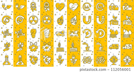 Eco environment icons set in comic style. Ecology cartoon vector illustration on white isolated background. Bio emblem splash effect sign business concept. 112056001