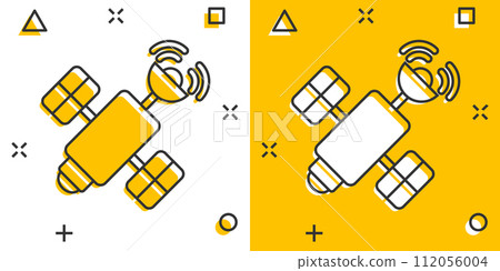 Satellite icon in comic style. Sputnik cartoon vector illustration on white isolated background. Space transport splash effect sign business concept. Satellite icon in comic style. Sputnik cartoon vector illustration on white isolated background. Space transport splash effect sign business concept. 112056004