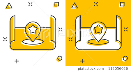 Map pin icon in comic style. gps navigation cartoon vector illustration on white isolated background. Locate position splash effect business concept. 112056026