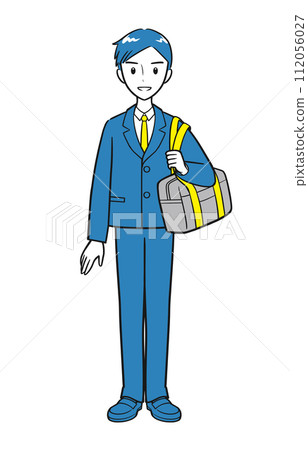High school boy wearing a uniform and holding a school bag (simple) 112056027